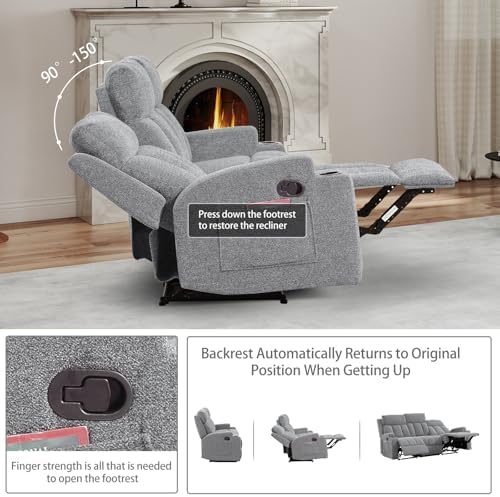 CANMOV Manual Recliner Sofa Set, Fabric Recliner Living Room Furniture Sets, 1 Seat Reclining Chair, a Loveseat, a 3 Seater Sofa Furniture Set with Side Pockets and Cup Holders, Light Grey