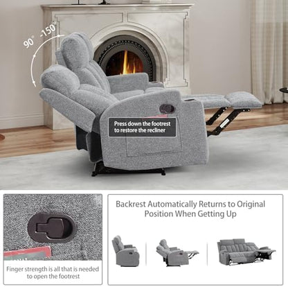 CANMOV Manual Recliner Sofa Set, Fabric Recliner Living Room Furniture Sets, 1 Seat Reclining Chair, a Loveseat, a 3 Seater Sofa Furniture Set with Side Pockets and Cup Holders, Light Grey