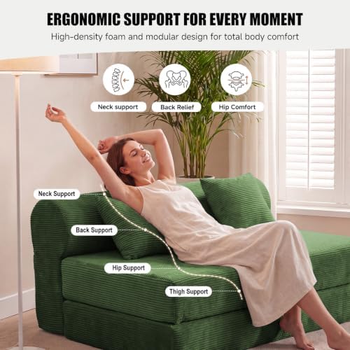59" Convertible Sofa Bed, Corduroy Loveseat Sleeper Sofa with Pocket Springs, Foldable Floor Futon Couch with Removable Machine-Washable Cover, 2 Pillows, No Assembly, Dark Green
