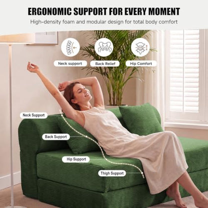 59" Convertible Sofa Bed, Corduroy Loveseat Sleeper Sofa with Pocket Springs, Foldable Floor Futon Couch with Removable Machine-Washable Cover, 2 Pillows, No Assembly, Dark Green
