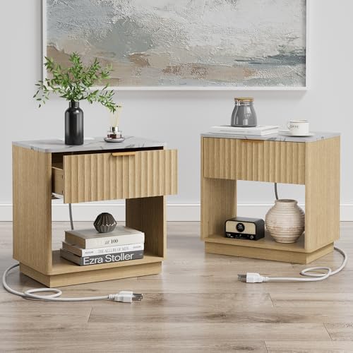 Fluted Nightstands Set of 2 with Charging Station, 23" W Night Stand with Faux Marble Top and Curved Corners, FSC-Certified Wood, Modern End Table, Bedside Table for Bedroom, Natural Oak