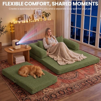 Convertible Sofa Bed, 63" Boneless Couch with Removable L-Shaped Armrests, Corduroy Futon Sleeper Sofa, Tri-Fold Floor Folding Bed for Small Space Bedroom Game Room Apartment Dorm, 2 Pillows