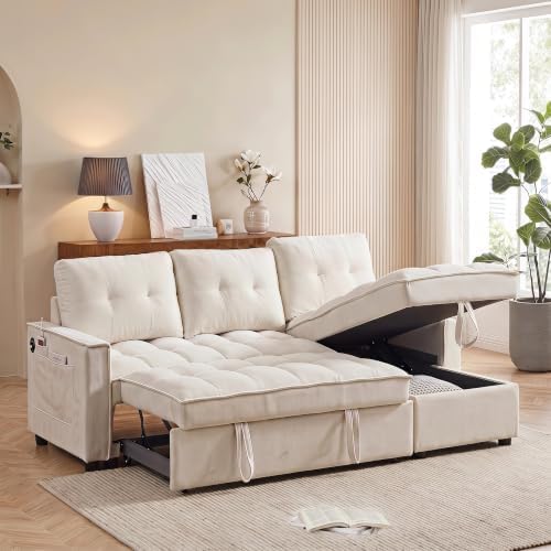 71" L Shaped Queen Pull Out Sofa Bed with Storage, USB Port, Beige