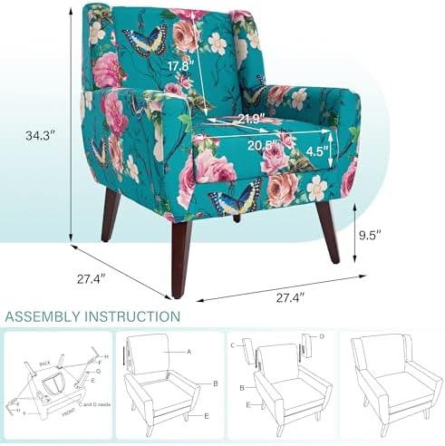 Mid Century Modern Button Tufted Blue Patterned Set of 2 Accent Armchair