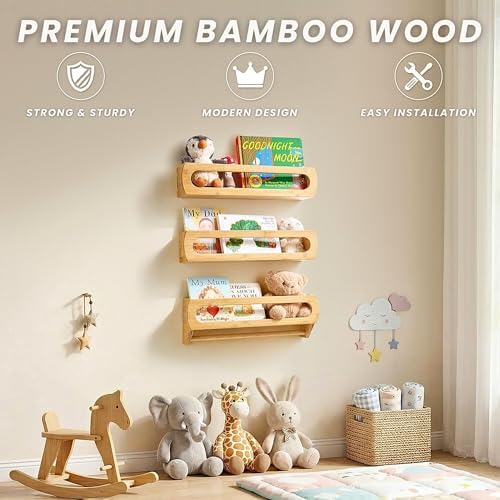 Nursery Shelves for Wall, Premium Bamboo Wood, Fully Assembled - Nursery Book Shelves, Book Shelf for Kids Rooms, Multi-Use Floating Shelves for Wall, Set of 3 (Natural, 16.5 Inches)