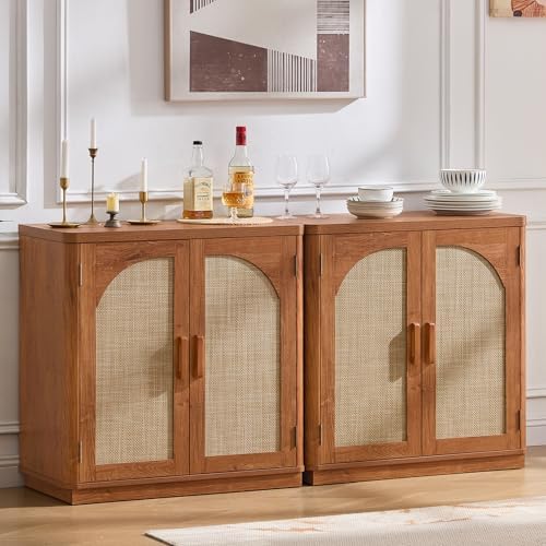 LEYAOYAO Rattan Sideboard Buffet Cabinet with Storage, 63" Coffee Bar Cabinet with 4 Arch Doors & Adjustable Shelves, Wood Console Cabinet, Boho Credenza for Living Room, Kitchen, Brown