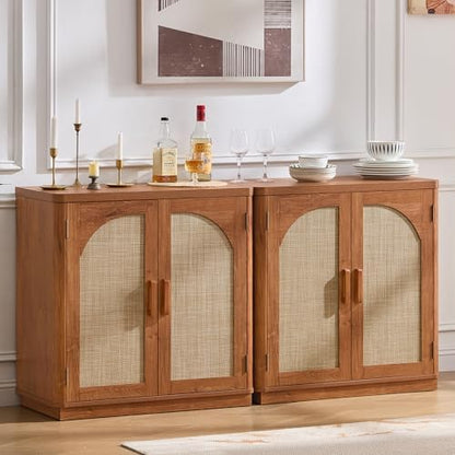 LEYAOYAO Rattan Sideboard Buffet Cabinet with Storage, 63" Coffee Bar Cabinet with 4 Arch Doors & Adjustable Shelves, Wood Console Cabinet, Boho Credenza for Living Room, Kitchen, Brown