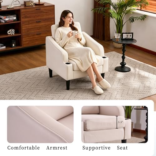 Modern Accent Chairs Living Room, Mid Century Arm Chair for Bedroom, Upholstered Reading Chair for Adults, Comfy Single Sofa for Apartment, Office, Waiting Room (1, Beige)