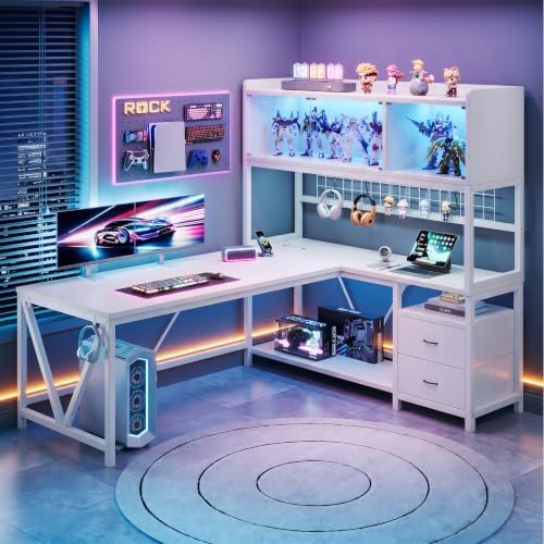 L Shaped Gaming Desk with Drawers, Corner Computer Desk with LED Tempered Glass Display Cabinet, Shaped L Office Desk with Charging Station and Fabric Drawer, PC Desk for Gaming and Office, White
