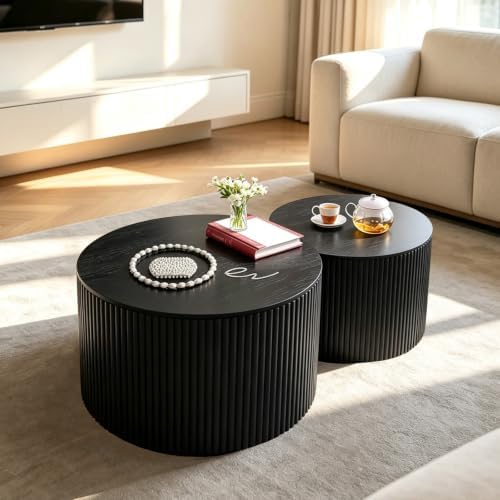 Black Round Fluted Coffee Table Set of 2 (D-18.9IN+15IN)