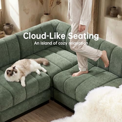 Morden Fort 5-Seater L-Shaped Modular Sectional Sofa, Deep Seat Chenille Couch for Living Room, Modern Modular Corner Sofa with High-Density Foam Cushions, Comfy Apartment Couch, Green