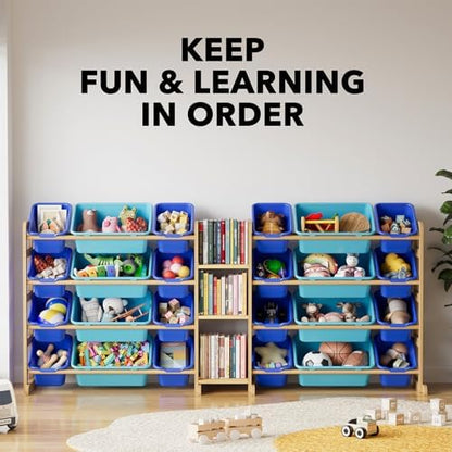 SpaceAid Large Toy Storage Organizer with 24 Bins and 3 Shelves, Toy Organizers Storage Bookshelf, Kids Bin Shelf Box Bookcase for Bedroom Playroom Organization Room Decor, Blue and Navy Blue