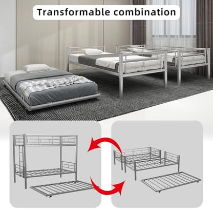 Twin Over Twin Bunk Bed with Trundle, 3-in-1 Metal Triple Bunk Bed Frame Converts into 3 Separate Twin Beds, Heavy-Duty Space-Saving Bunk Bed with Full-Length Guardrail, Ladder, No Box Spring Needed