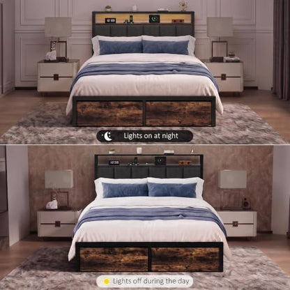 Queen Bed Frame with Storage Drawers, Upholstered Headboard with LED Lights and Charging Station, Metal Platform Bed with 2-Tier Storage Shelves, Noise Free, No Box Spring Needed