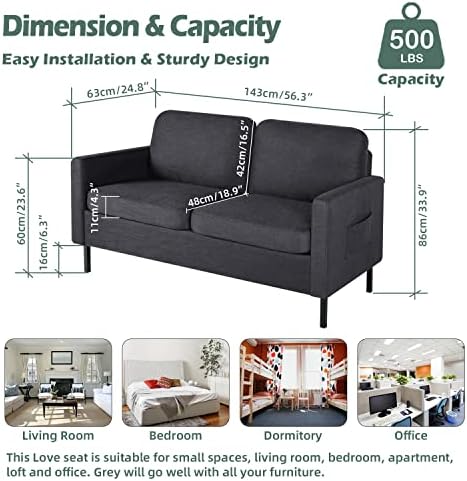 56'' Dark Grey Fabric Loveseat Small Couch with 2 USB for Living Room Sofa