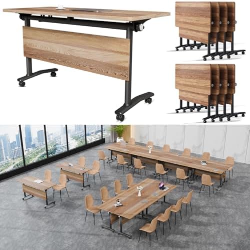 Folding Conference Table, Conference Room Tables with Wheels Foldable Large Rectangle Meeting Seminar Table for 6-12 People, Flip Top Mobile Training Table for Office Classr (4, Walnut 3, 55.1in)