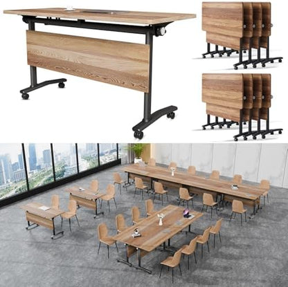 Folding Conference Table, Conference Room Tables with Wheels Foldable Large Rectangle Meeting Seminar Table for 6-12 People, Flip Top Mobile Training Table for Office Classr (4, Walnut 3, 55.1in)