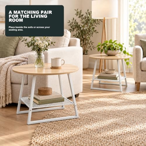 Lightdot 2‑Tier Round Side Table Set of 2, Walnut End Table with Mesh Shelf