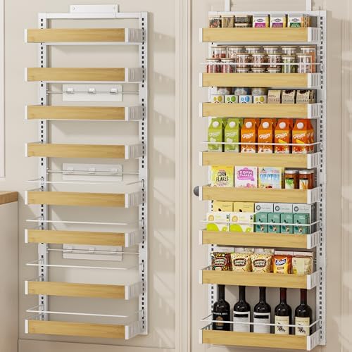 8 Tier Over The Door Pantry Organizer, 2 IN 1 Wall Mount or Hanging Spice Rack Seasoning Shelves with Adjustable Basket, Back of Door Organizer and Storage for Kitchen Cabinet and Room Closet