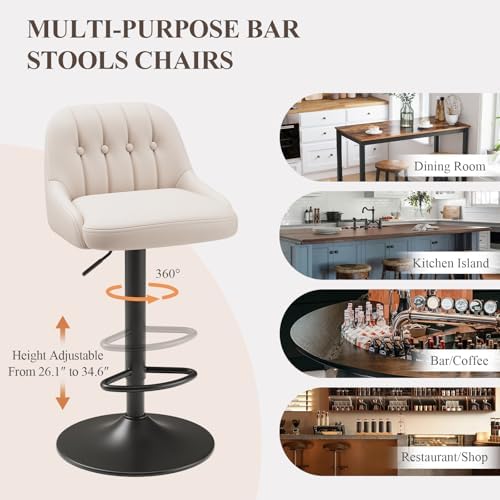 MALOL Bar Stools Set of 6, Swivel Bar Chairs, Modern Adjustable PU Leather Upholstered Barstools Counter Height with Tufted Back for Bar, Kitchen Counter Island, Dining Room, Beige