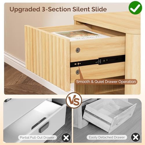VINGLI Floating Nightstand, Fluted Night Stand Rounded Edge, 1 Drawer Bed Side Table, Storage Oak Nightstand with Drawers, Wood Night Stand End Table for Bedroom, 15.75" W x 11.81" D x12.87 H