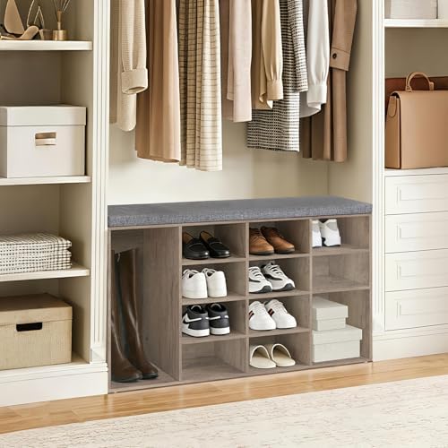 Shoe Storage Bench with Cushion, 16-Cubby Shoe Rack with Seat