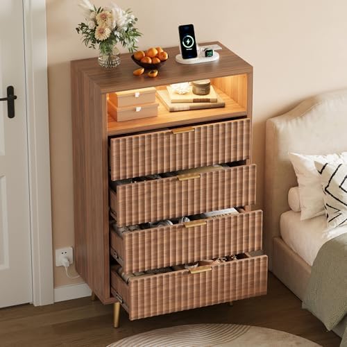 28"W 4 Drawers Dresser for Bedroom with LED and Charging Station, Walnut