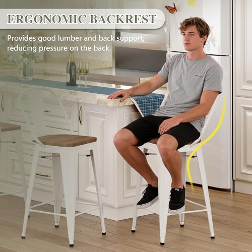 24" Metal Counter Height Bar Stools with Back Set of 4 Off-White