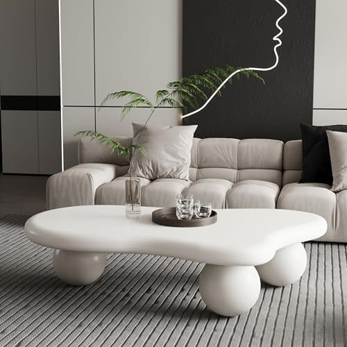 47" Cloud Shaped Coffee Table with 3 Ball Legs, Modern Minimalist Accent Tea Table for Living Room, Bedroom, Apartment or Office, Spacious MDF Surface, Kid & Pet Friendly, Cream White