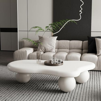 47" Cloud Shaped Coffee Table with 3 Ball Legs, Modern Minimalist Accent Tea Table for Living Room, Bedroom, Apartment or Office, Spacious MDF Surface, Kid & Pet Friendly, Cream White