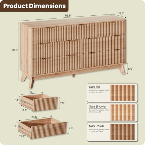 54" Wide Fluted 7 Drawers Dresser for Bedroom,Curved Edge,Oak