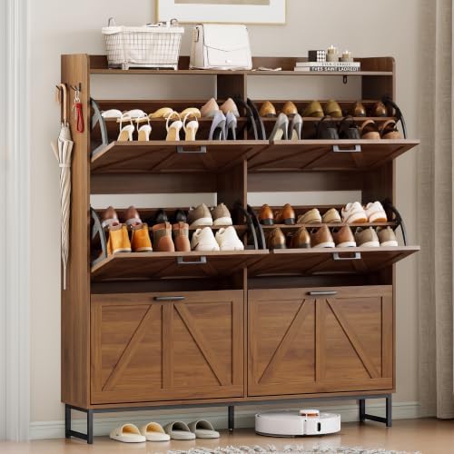 Shoe Cabinet Storage for Entryway, Shoe Storage Cabinet with 6 Flip Drawers, Freestanding Narrow Shoe Rack Organizer with Metal Legs, Adjustable Shelves & Open Storage for Foyer, Hallway, Walnut