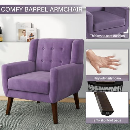 Pia Ricco Mid Century Modern Button Tufted Purple Velvet Set of 2 Accent Armchair for Living Room