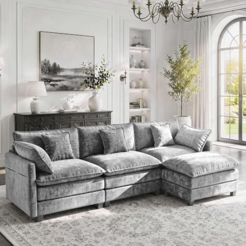 LEVELEVE 112" L-Shape Modular Sofa with 1 Ottomans, Deep Seat Cloud Convertible Sleeper, 3 Throw 2 Arm Pillows, Cozy Upholstered Furniture for Living Room Apartment, Dark Grey