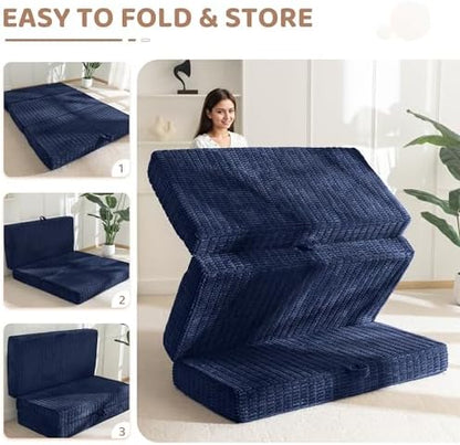 BYBYME Corduroy Memory Foam Tri-Folding Mattress, 6 Inch Gel Folding Mattress Topper, Foldable Soft Guest Bed Camping Pad, with Washable Cover (Navy, Queen)