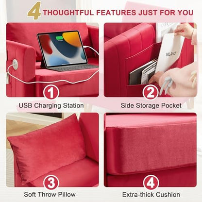 Accent Chair for Living Room Modern Velvet Accent Chair with USB Port and Storage Comfy Reading Chair Armchair with Throw Pillow for Apartment Office (Rose Red)