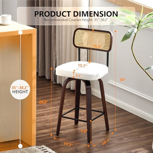 VINGLI Modern Bar Stool 26" H, PU Leather with Rattan Back, 360° Swivel, Solid Wood Legs Barstools for Kitchen Island & Home Bar, White 2 Pack