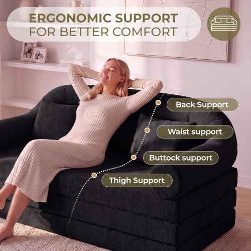 63" High-Back Futon Sofa Bed, Tri-Fold Boneless Couch | Black