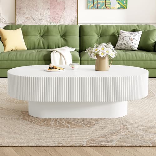 Merax Modern Fluted 43.3" W Oval Coffee Table for Living Room, White