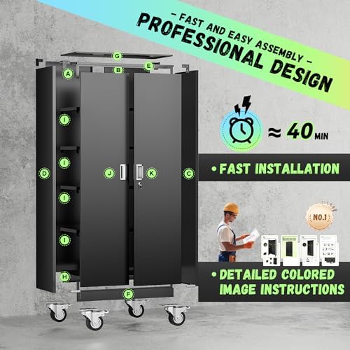 Metal Storage Cabinet with Wheels, 75" Garage Storage Cabinets with Door and 4 Shelves, Tool Storage Locker on Caster for Home, Office, Black