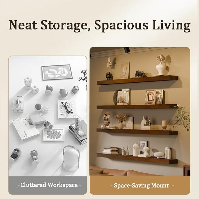 Floating Shelves for Wall, 48 Inch Extra Long Walnut Wall Shelves, Set of 4, Hanging Invisible Brackets Floating Shelves for Living Room,Bedroom,and Kitchen