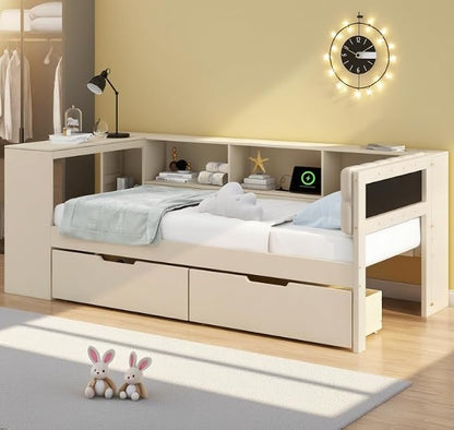 Bellemave Twin Size Corner Bed Frame with Storage Shelves and Desk, Wood Twin Daybed with Bookcase and Drawers and Upholstered Headboard, Cream