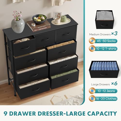 OLIXIS 9 Drawer Fabric Dresser for Bedroom, Black Chest of Drawer Organizer