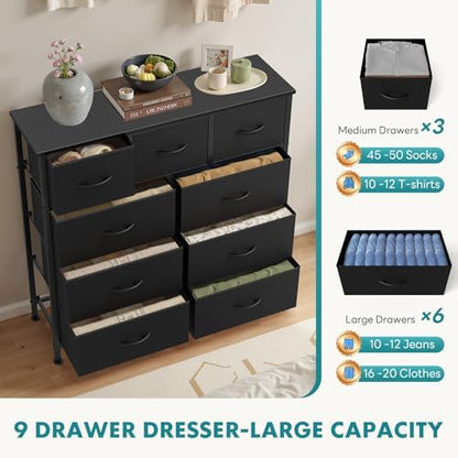 OLIXIS 9 Drawer Fabric Dresser for Bedroom, Black Chest of Drawer Organizer