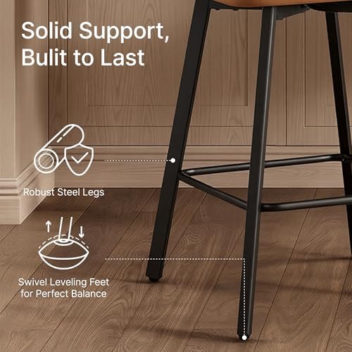 KISLOT 26" Counter Height Swivel Bar Stools Set of 4, Upholstered Faux Leather Barstools with Back, Metal Legs for Kitchen Island Dining Room, Brown