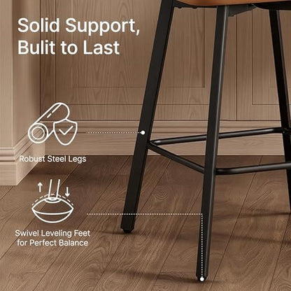 KISLOT 26" Counter Height Swivel Bar Stools Set of 4, Upholstered Faux Leather Barstools with Back, Metal Legs for Kitchen Island Dining Room, Brown