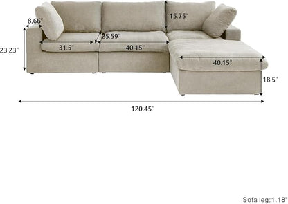 L-Shaped Modular Sectional Sofa with Storage Ottoman for Living Room, Cloud Couch, Covers Washable&Replaceable, Khaki