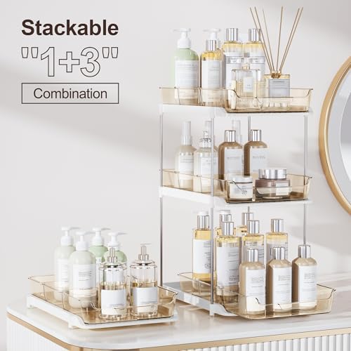Delamu 2-Tier Multi-Purpose Bathroom Under Sink Organizers and Storage, Stackable Kitchen Pantry Organization, Pull Out Medicine Cabinet Organizer with Movable Dividers, Amber, 2 Pack