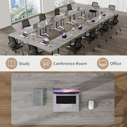 Folding Conference Table, Conference Room Tables with Wheels Foldable Large Rectangle Meeting Seminar Table for 6-12 People, Flip Top Mobile Training Table for Office Classr (8, Gray, 61in)