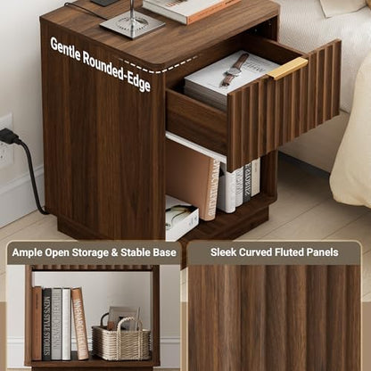Fluted Nightstand with Charging Station, 18" W Night Stand with Metal Handle and Rounded Edge, FSC-Certified Wood, Mid Century Modern End Table w/Storage, Bedside Table for Bedroom, Walnut
